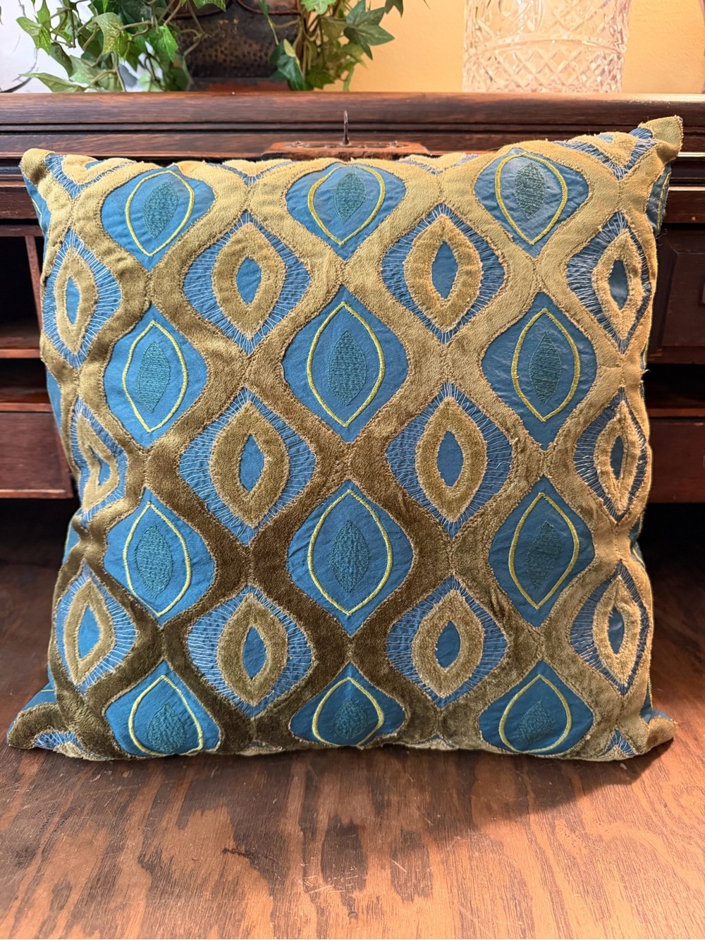 Pier 1 Imports 15 x 15 Teal Blue Olive Embroidered Velvet throw pillow